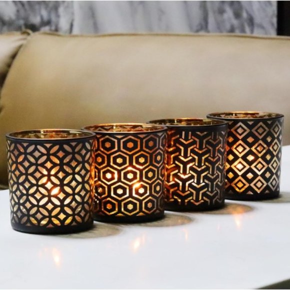 Set of 4 - Black & Gold Glass Tealight - Votive Candle Holders w/ Carved Pattern - Picture 1 of 10